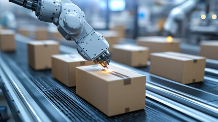 Poster - A robot is cutting cardboard boxes with a laser. The boxes are on a conveyor belt and the robot is positioned above them