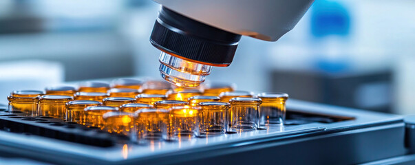 Poster - A microscope is focused on a tray of small glass vials. The vials are filled with a yellow liquid and are glowing in the light. Concept of scientific curiosity and discovery