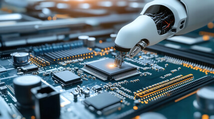 Poster - A robot is touching a computer chip. The robot is white and has a metallic look. The computer chip is blue and has a glowing effect. Concept of technology and innovation