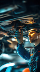Poster - A man is working on a car engine. He is wearing a blue uniform and gloves. Concept of focus and concentration as the man carefully inspects the engine