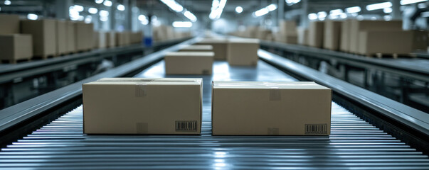 Poster - A conveyor belt with boxes on it. The boxes are labeled with the word 