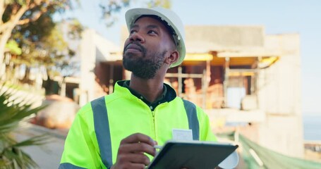 Poster - Black man, architect and tablet for inspection of construction planning, site progress and architecture design. Worker, digital blueprint and research of maintenance, quality control and project info