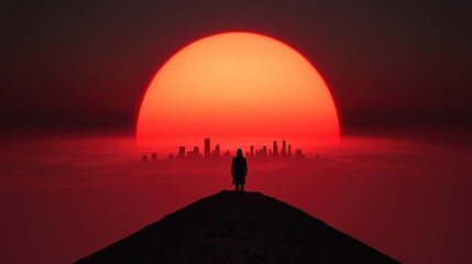 Wall Mural - a man stands on a hill overlooking a city with a large red sun in the background
