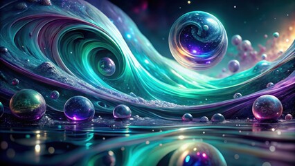 Wall Mural - a cosmic seascape of swirling nebulae and iridescent spheres, reflecting the infinite possibilities 