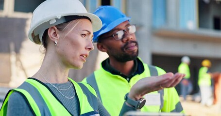Poster - Architect, team and discussion outdoor for construction planning, site inspection and architecture design. People, communication and manufacturing of maintenance, safety schedule and project progress