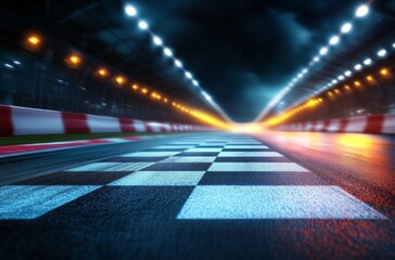 Wall Mural - Dynamic Perspective of a Race Track Finish Line with Vibrant Lights and Motion Blur Creating a Sense of Speed and Excitement in a Nighttime Scene