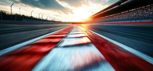 Wall Mural - Dynamic View of a Raceday Sunset at a Vibrant Racing Circuit with Motion Blur Effect on the Track and Spectators in the Background