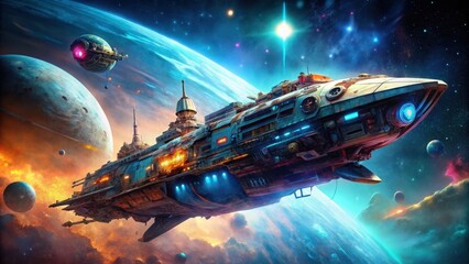 Wall Mural - a futuristic spaceship soars through a vibrant nebula, accompanied by a smaller vessel, amidst celes