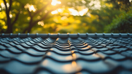Poster - A roof with a sun shining on it. The sun is casting a shadow on the roof