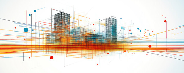 Poster - A city skyline with a lot of buildings and a lot of red and orange. The buildings are tall and the sky is blue