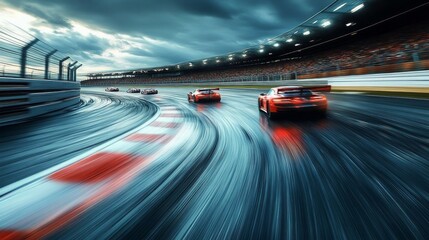 Wall Mural - Dynamic Race Scene with Speeding Cars on Wet Track during Competition, Dramatic Atmosphere with Dark Clouds and Intense Lighting Effects