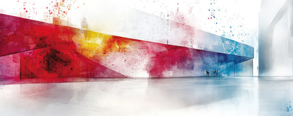 Poster - A colorful building with a red, yellow and blue roof. The building is surrounded by a white background