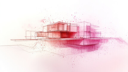 Poster - A drawing of a building with red and pink colors. The building is a modern design with a lot of detail. The drawing is abstract and has a lot of texture. The mood of the drawing is calm and peaceful