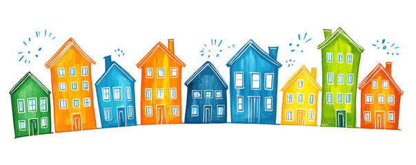 Poster - A row of colorful houses with a white background. The houses are painted in different colors, including blue, green, and yellow. The houses are arranged in a line, with some houses closer to the front