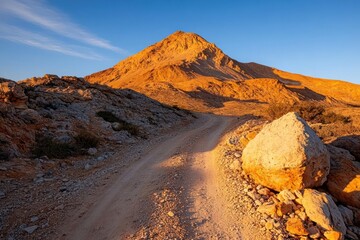 Poster - Golden Mountain Peak Illuminated By Sunlight With Rocky Path And Blue Sky During The Day