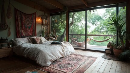 Aufkleber - Bohemian Bedroom Interior with Large Window View of Lush Green Trees and Natural Lighting