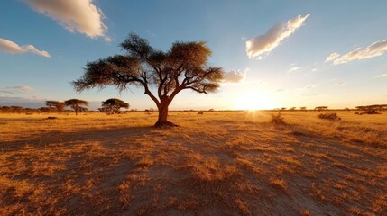 Leinwandbilder - Golden Sunset Over Solitary Tree On Expansive African Savanna Landscape With Scattered Clouds