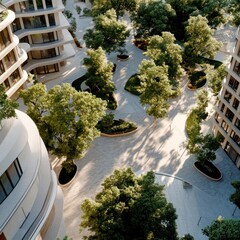 Poster - Aerial View Of Modern Urban Courtyard With Lush Green Trees And Light-Colored Buildings Under Bright Sunlight