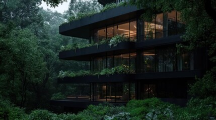Poster - Modern Black Three Story House Amidst Lush Green Forest Surrounded by Trees at Dusk