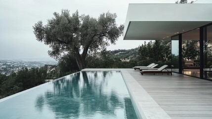 Poster - Infinity Pool with City Skyline View and Chaise Lounges on Terrace Under a Cloudy Sky