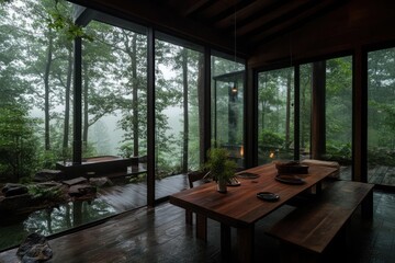 Aufkleber - Rainy Day Dining Room With Large Glass Windows Overlooking Forest View With Wooden Table and Benches