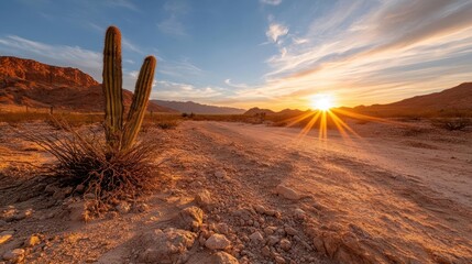 Poster - Desert Sunset Scene with Tall Cactus Silhouetted Against Bright Sun and Mountains
