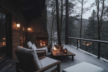 Aufkleber - Snowy Outdoor Patio Scene With Lit Fireplace Cozy Furniture and Forest Background at Night