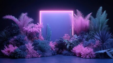 Aufkleber - Abstract Pixelated Plants Surrounding Glowing Neon Square on Dark Surface with Purple and Blue Colors