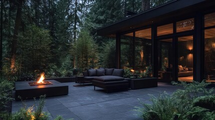 Fototapete - Outdoor Patio At Dusk With Modern Furniture Fire Pit And Lush Greenery Lighting Enhances Warm Cozy Ambiance