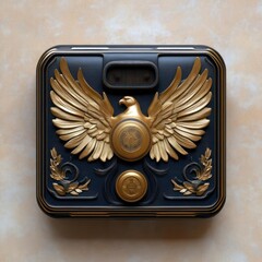 Poster - Dark Blue Square Decorative Object Featuring Golden Eagle Emblem on Textured Tan Surface