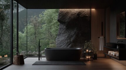 Aufkleber - Modern Bathroom Interior with Bathtub Overlooking Lush Greenery and Rock Feature Ambient Lighting Creating Relaxing Spa Atmosphere