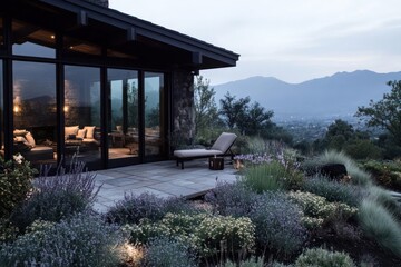 Poster - Modern House Exterior At Dusk With Patio Lounge Chair Overlooking Mountains Trees And Plants