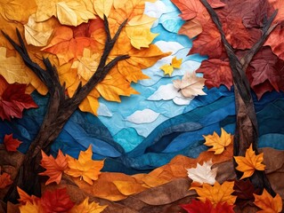 Poster - Colorful Paper Cutout Autumn Forest Landscape With Vibrant Leaves Trees And Mountains Background