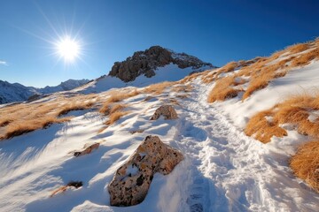 Poster - Snow Covered Mountain Trail With Dry Plants Under a Bright Blue Sky at Daytime