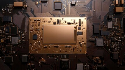 Aufkleber - Golden Computer Chip Central Processor Board And Circuitry Details With Data Flow Lighting Over Black Background