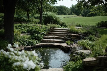 Aufkleber - Stone Steps Lead To A Tranquil Garden Pond Surrounded By Lush Greenery Under Sunlight