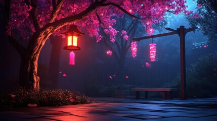 Aufkleber - Glowing Pink Cherry Blossom Tree With Lanterns and Bench In a Dreamy Garden During Rain