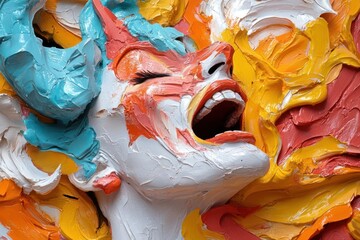Aufkleber - Textured Art Piece of a Shouting Face with Open Mouth in Bright Colors Showing Dynamic Shapes