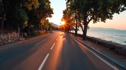 Poster - Coastal Road at Sunset with Golden Sunlight Reflecting on Asphalt and Serene Water