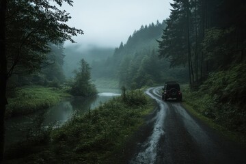 Poster - Green Forest Road Winding Through Lush Vegetation with Vehicle in the Distance Under Misty Skies and Atmospheric Lighting