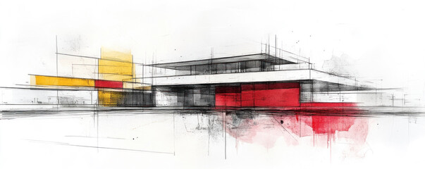 Poster - A building with red and yellow stripes is shown in a painting. The building is a modern design with a lot of detail. The colors of the building are bright and bold, giving the painting a lively