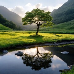 Poster - Lone Tree Reflecting in Still Water Against Mountainous Background under Sunlight