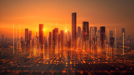 Poster - A city skyline is lit up with orange lights, creating a warm and inviting atmosphere. The city appears to be bustling with activity, as the lights shine brightly on the buildings and streets