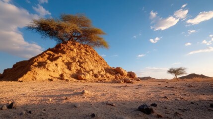 Aufkleber - Dry Desert Landscape With A Lone Tree atop Dirt Mound Under Cloudy Blue Sky During Daytime
