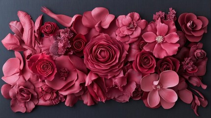 Poster - Burgundy Paper Flowers Arrangement on Dark Wood Surface with Textured Floral Design and Various Shapes