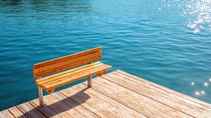 Aufkleber - Wooden Bench On A Pier Over Sparkling Blue Water Under Sunny Sky