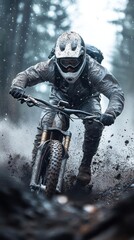 Poster - Mountain Biker Rides Through Muddy Terrain in Full Protective Gear with Spraying Water Droplets
