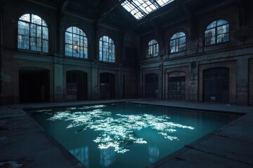Poster - Dilapidated Brick Building Interior with Reflective Pool and Arched Windows Casting Shadows on Stone Floor