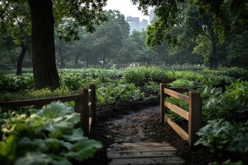 Poster - Wooden Pathway Leads Through Lush Green Garden With Trees in Misty Morning Light