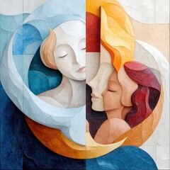 Poster - Abstract Mosaic Artwork Featuring Stylized Human Faces With Balanced Colors and Harmonious Composition